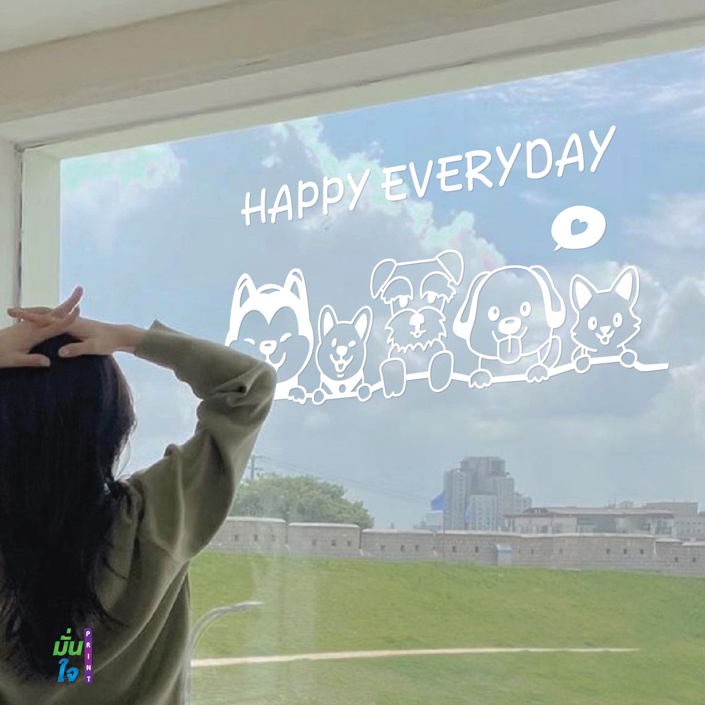 สติ๊กเกอร์ติดกระจก HAPPY EVERYDAY รูปสุนัข รูปหมา dog แต่งร้านสัตว์เลี้ยง ร้านตัดขน ตกแต่งบ้าน สติกเกอร์แต่งร้าน สติกเกอร์ไดคัท สติ๊กเกอร์ G0387